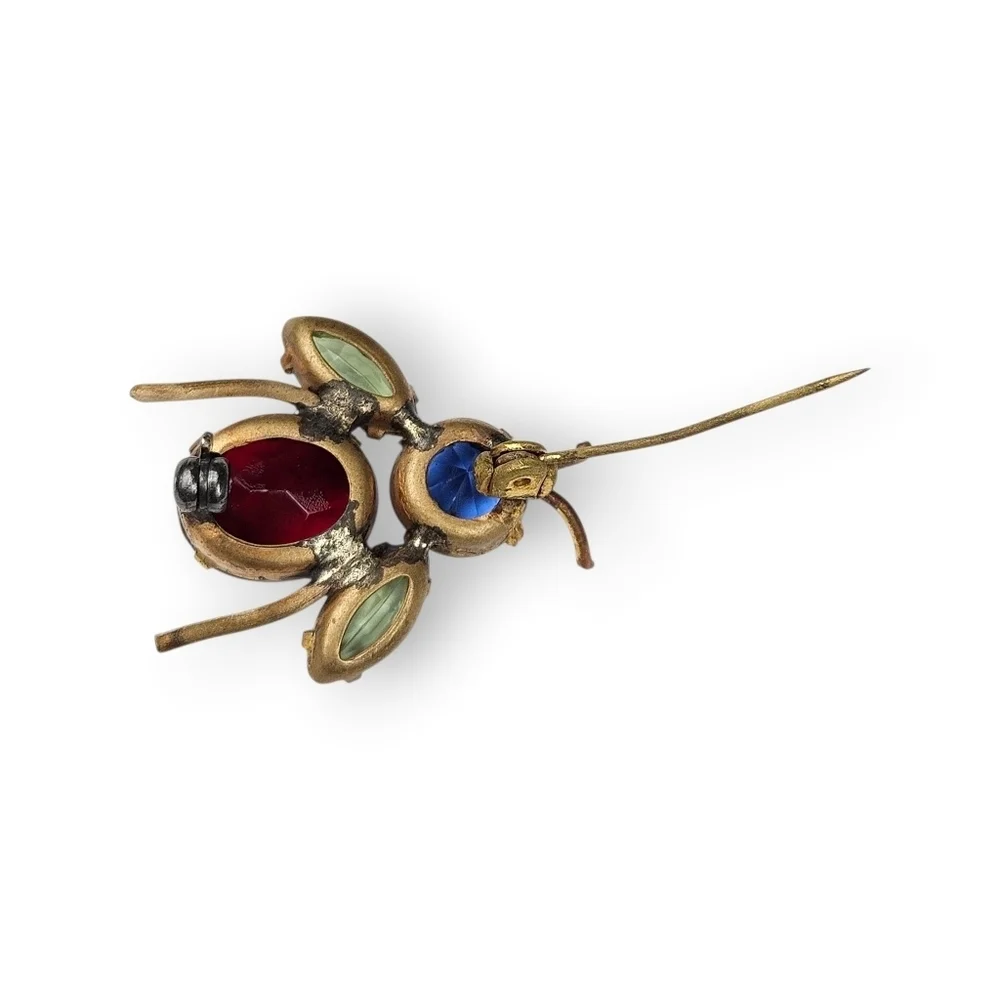 Vintage Bug Brooch Jewel Tone Glass Rhinestone Colorful Bee Fly Insect Brass